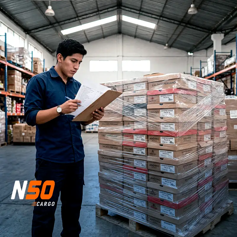Cajas de calzado contadas y rotuladas por talla en el almacén de Tacna antes de cruzar a Chile