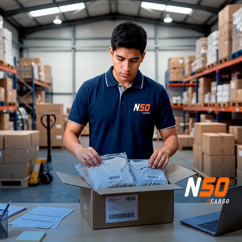 Personal de N50 Cargo revisando una encomienda en el almacén de Tacna