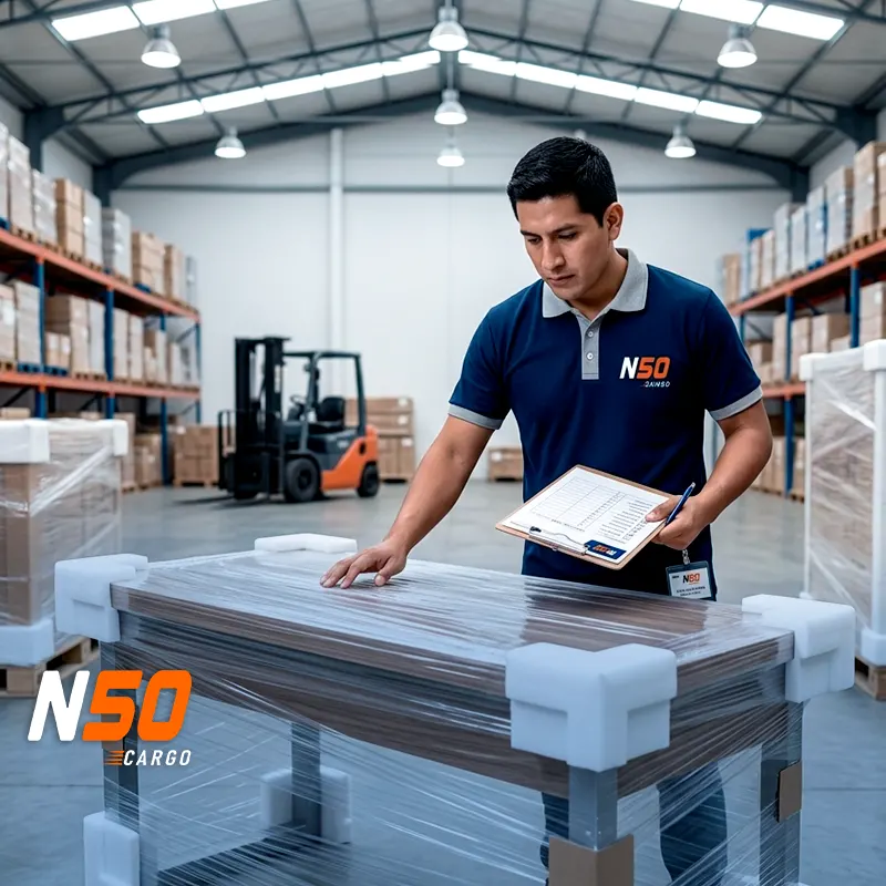 Mesa de madera embalada con protección de cantos en el almacén de Tacna antes de viajar a Chile