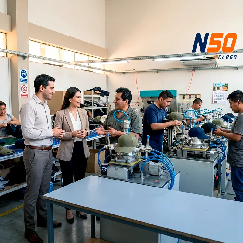 Personal de N50 Cargo inspeccionando la producción de merchandising en un taller de Lima